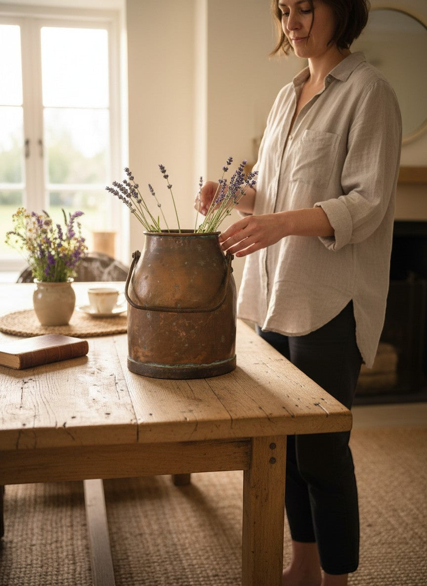 Otoch antique copper milk churn with a rustic aged patina and sturdy metal handle, ideal for rustic decor or as a planter.