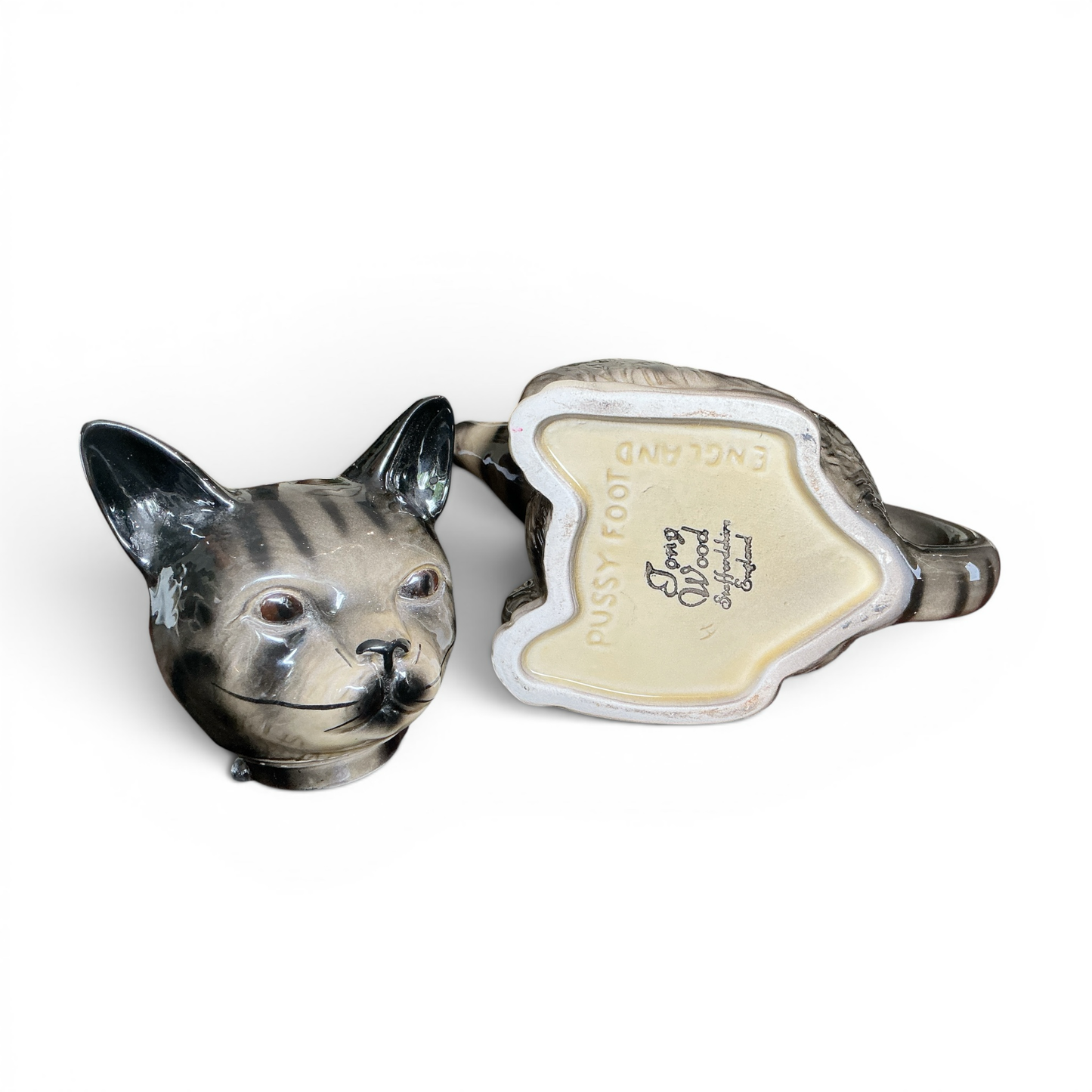 Otoch Long John Silver Pussy Foot ceramic tabby cat teapot with red bow tie detail.