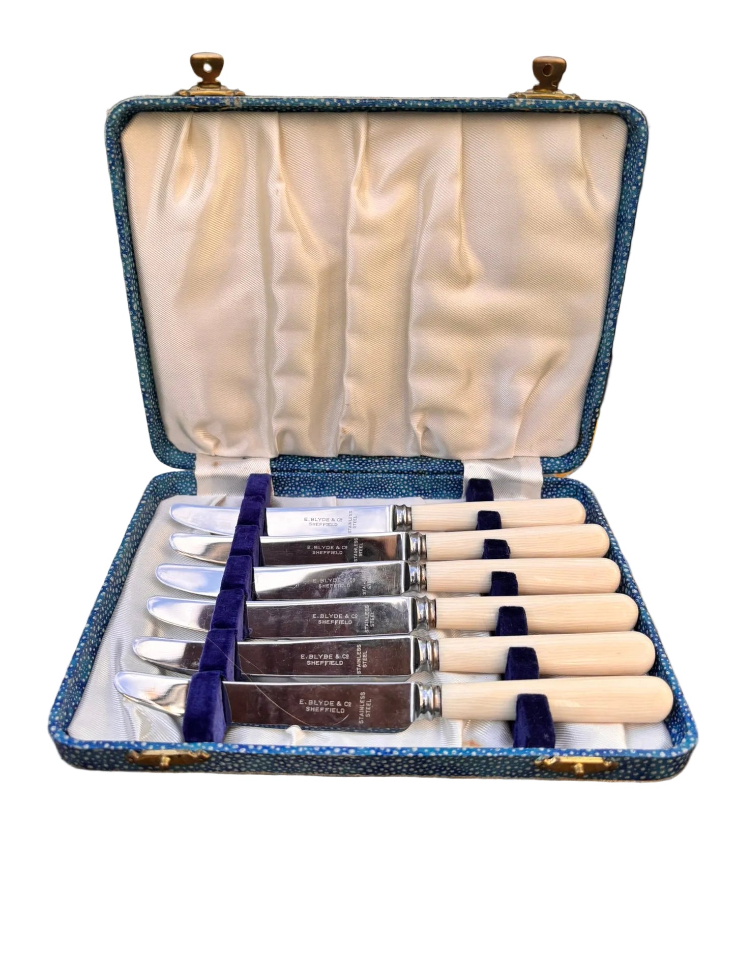 Set of butter knives in a decorative case on a floral-patterned surface with a blurred natural background.