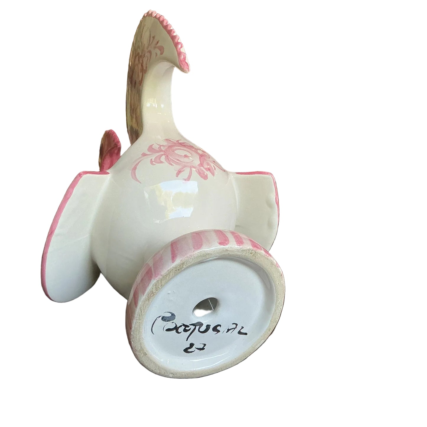 Otoch hand-painted ceramic Galo de Barcelos rooster ornament with white glaze and intricate pink floral motifs.