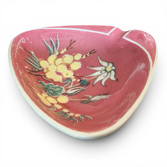 Otoch decorative ceramic trinket dish, pink interior with hand-painted Australian wildflowers, off-white exterior with crackle glaze.