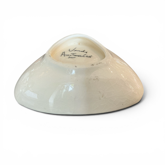 Otoch decorative ceramic trinket dish with pink interior, floral motif, and crackle glaze. Hand-painted Australian wildflowers.