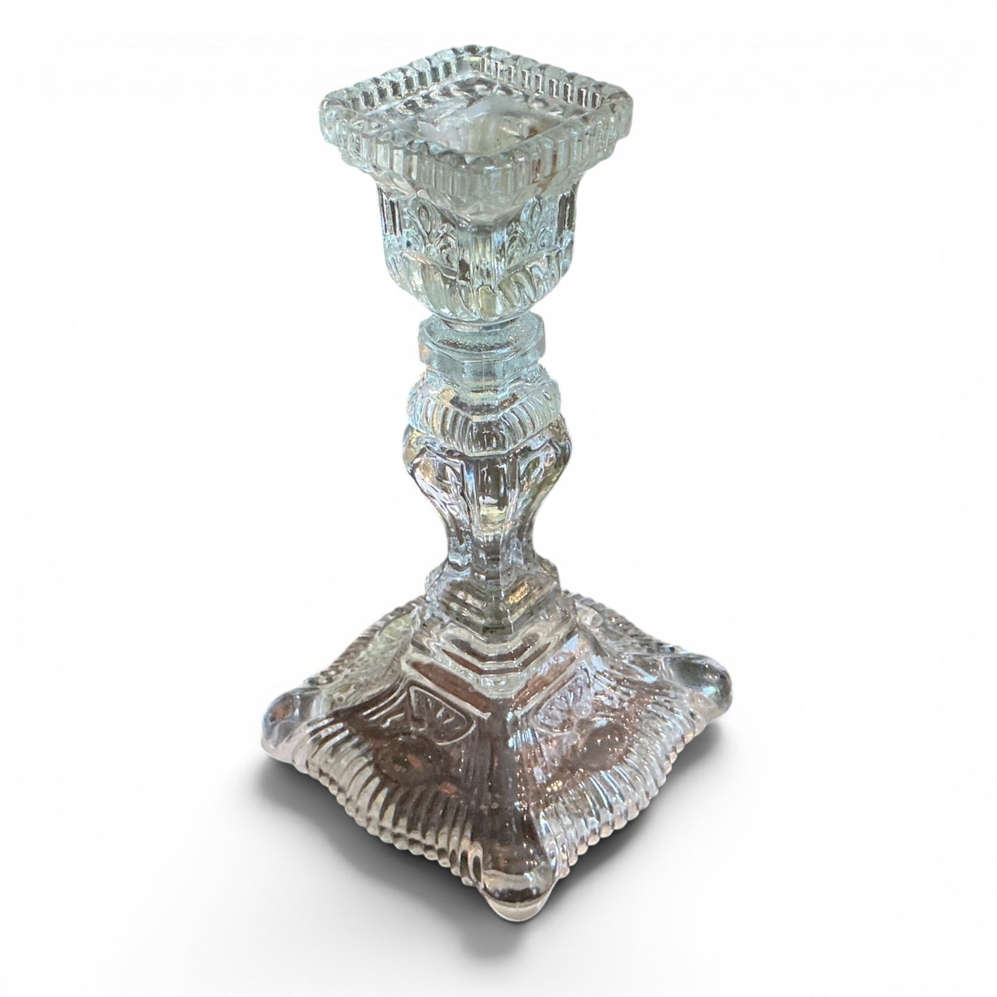 Otoch vintage-inspired clear pressed glass candlestick holder with intricate textured detailing and a square base.