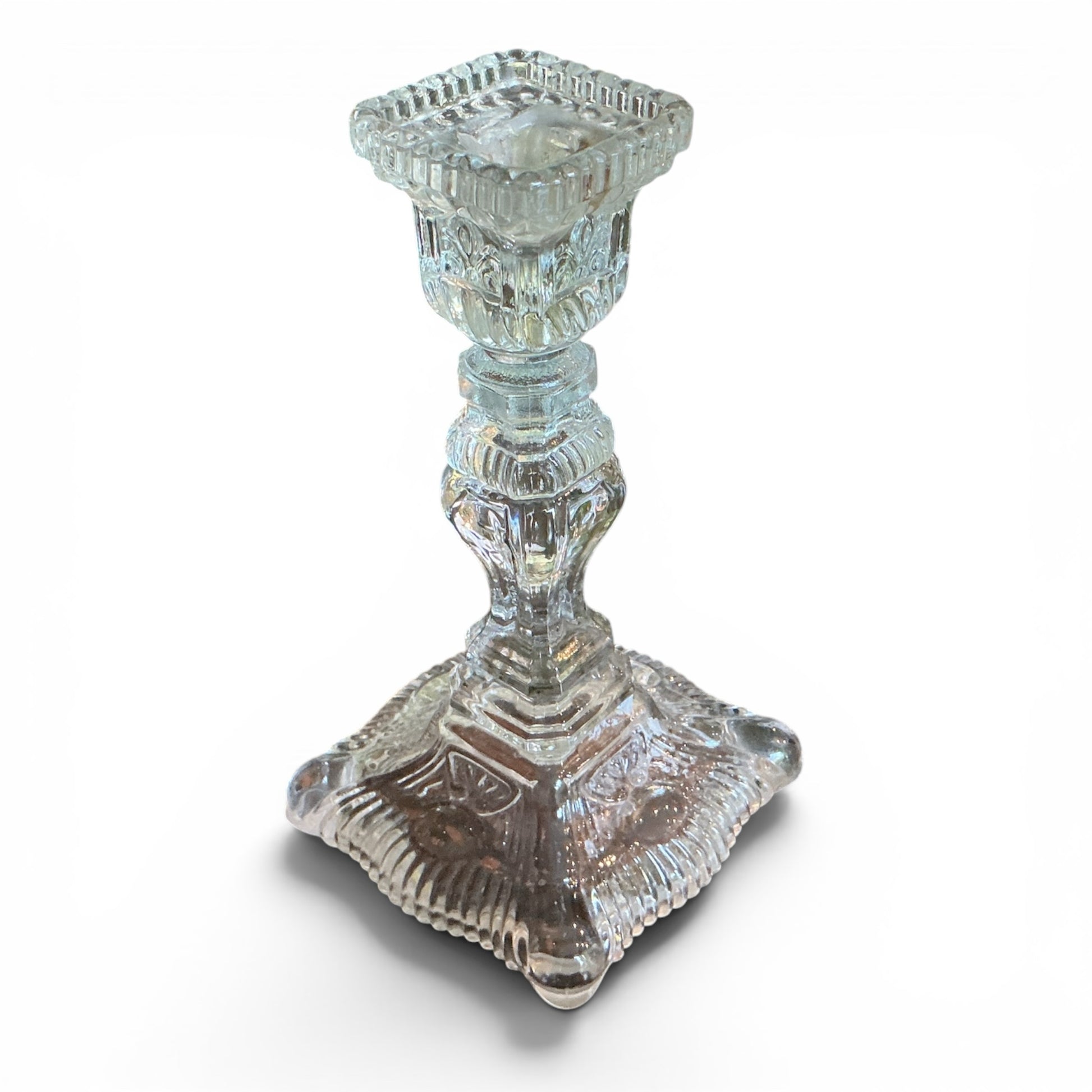 Otoch vintage-inspired clear pressed glass candlestick holder with intricate textured detailing and a square base.