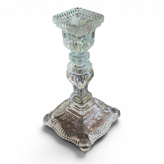 Otoch vintage-inspired clear pressed glass candlestick holder with intricate textured detailing and a square base.