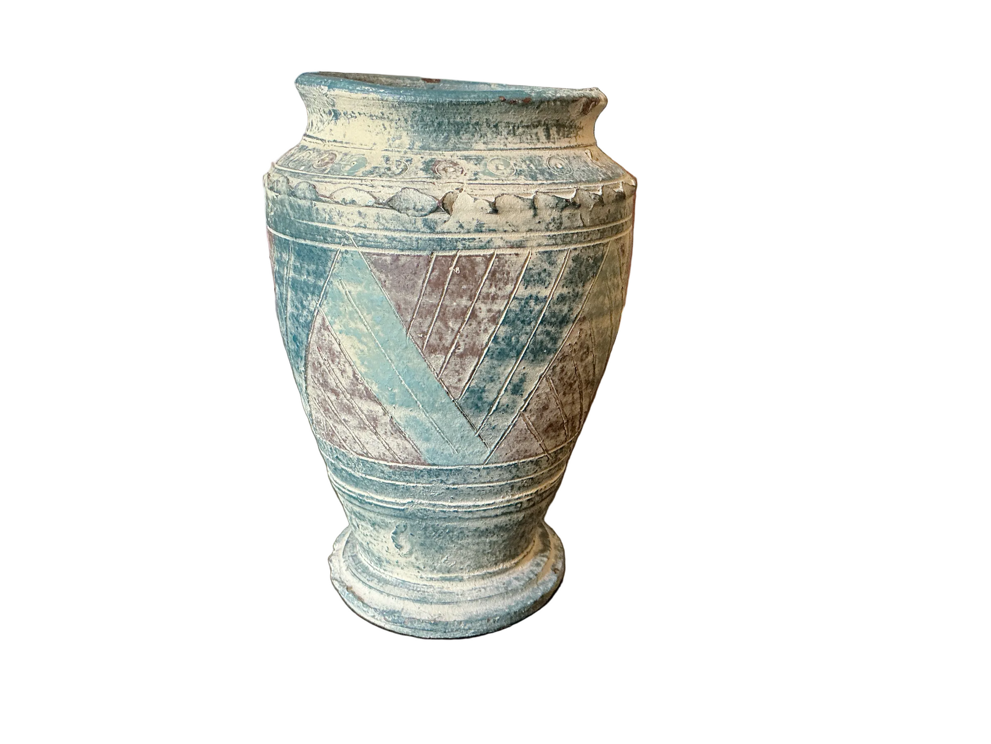 Otoch decorative ceramic vase with textured geometric patterns in teal and brown, distressed finish.