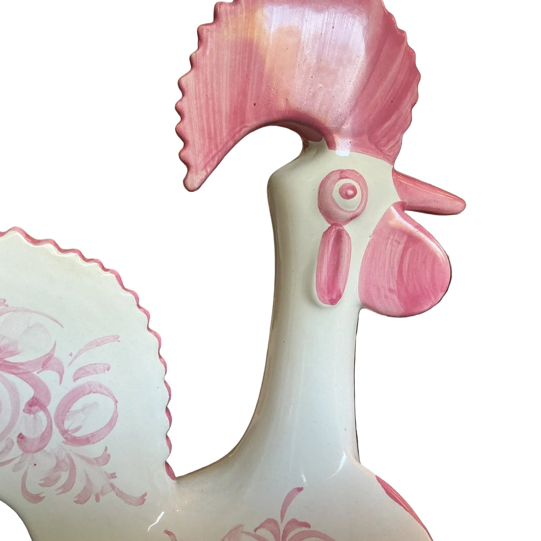 Otoch hand-painted white ceramic rooster ornament with pink floral motifs and a vibrant pink comb and wattle.