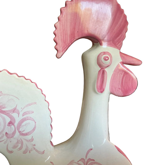 Otoch hand-painted white ceramic rooster ornament with pink floral motifs and a vibrant pink comb and wattle.