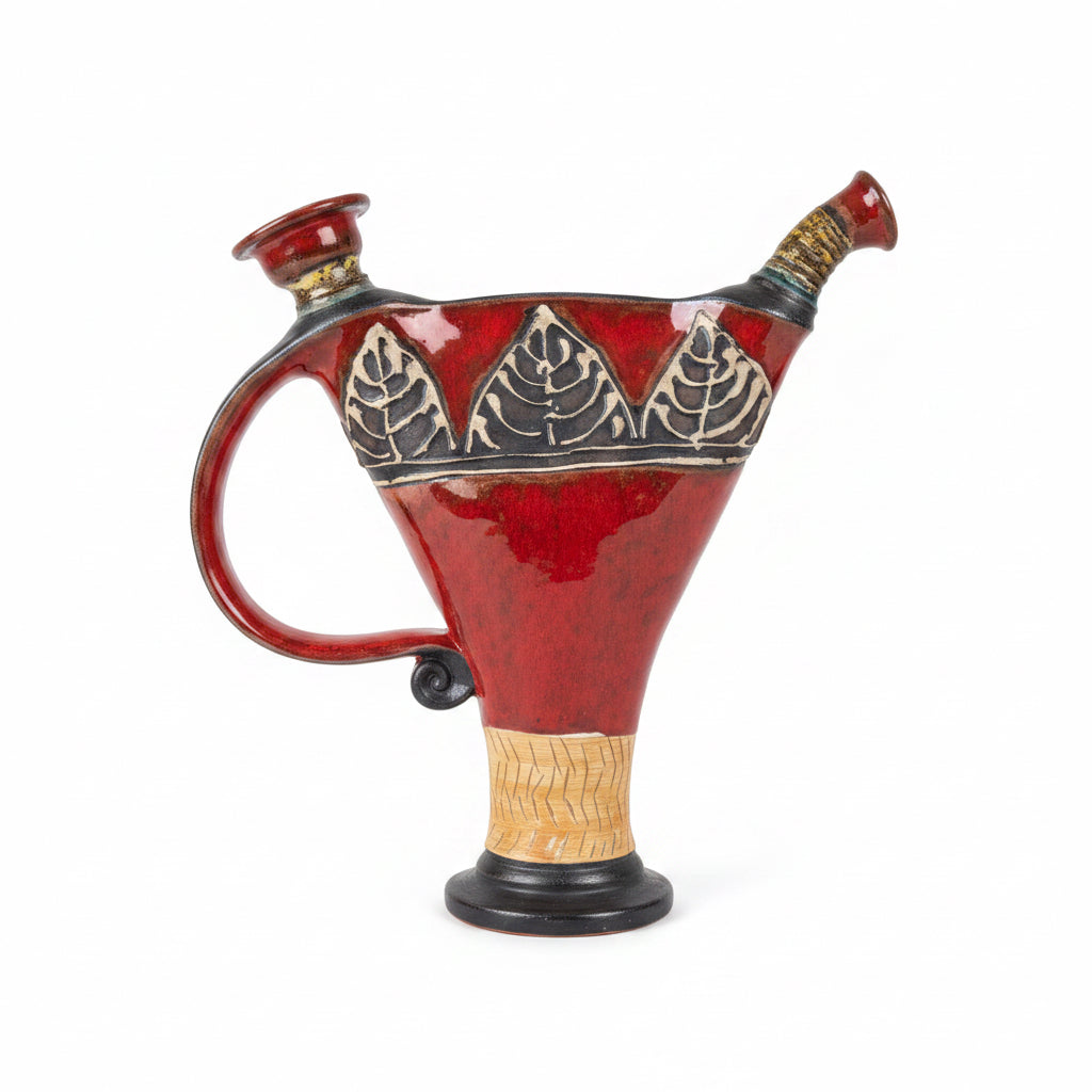 Otoch handcrafted ceramic pitcher with dual spouts, vibrant red glaze, and intricate hand-carved leaf motifs.