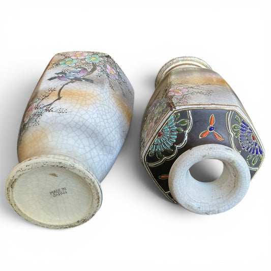 Otoch pair of hexagonal Japanese ceramic vases with crackle glaze, hand-painted bird and floral motifs, and gold accents.