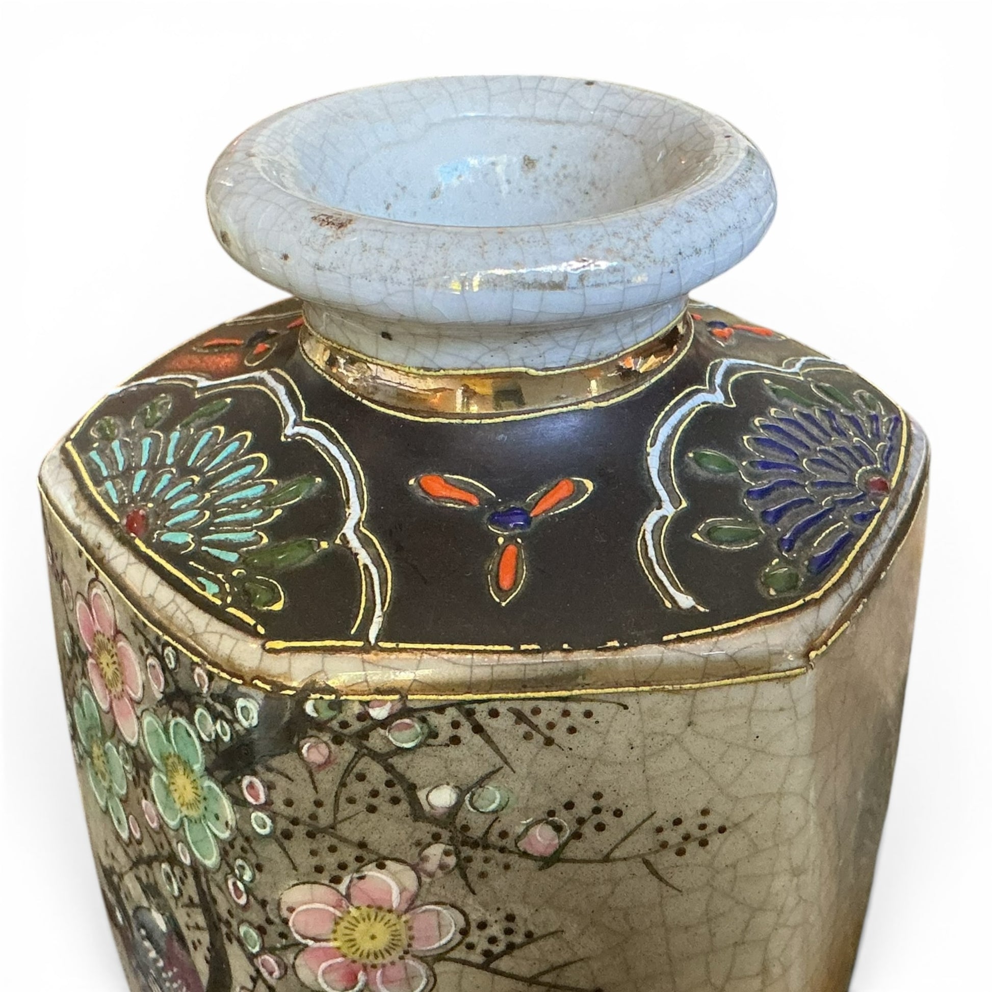 Otoch vintage Japanese hexagonal ceramic vase with crackle glaze, hand-painted bird and floral motifs, and gold accents.