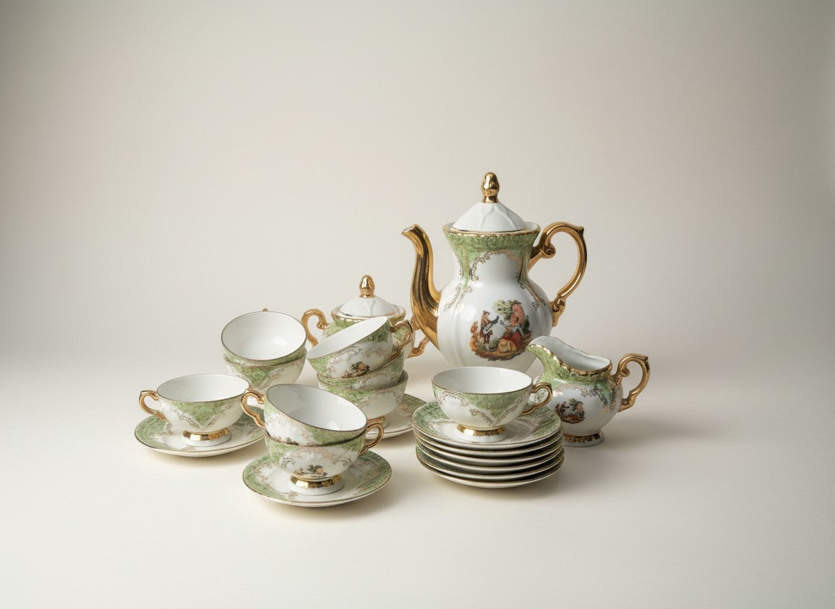 Otoch porcelain tea set with gold accents, featuring hand-painted scenes and ornate trim. Includes teapot, cups, saucers, sugar bowl, and creamer.