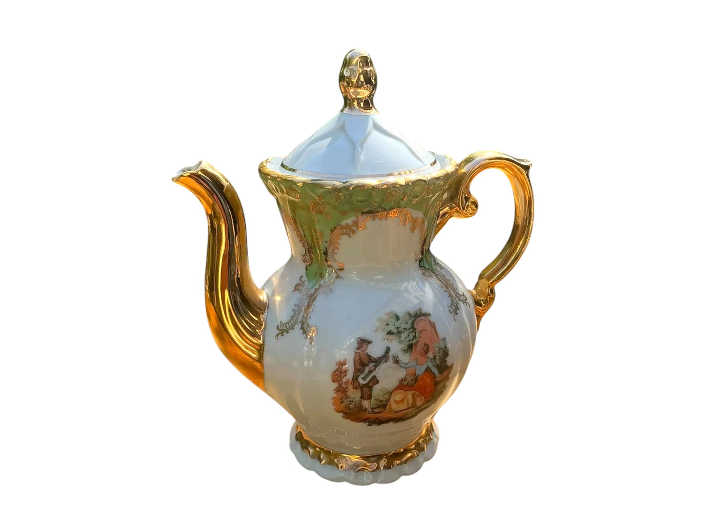 Otoch white porcelain teapot with gold accents, hand-painted scene, and ornate trim. Vintage elegance for tea time.