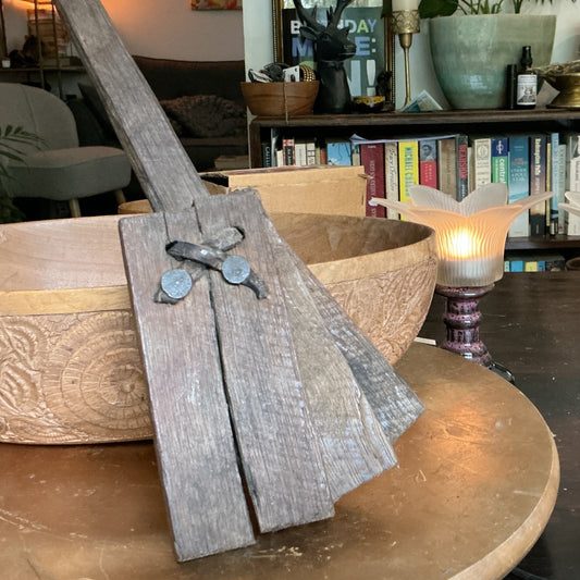Otoch handcrafted rustic wooden clapper made from weathered reclaimed timber with industrial metal detailing.