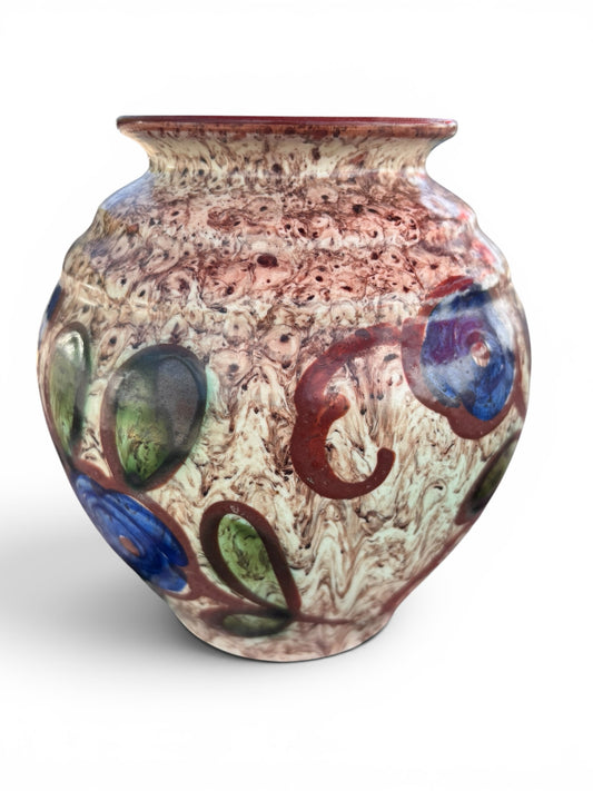 Otoch vintage Swedish stoneware vase with mottled earthy glaze and hand-painted blue and green floral motifs.