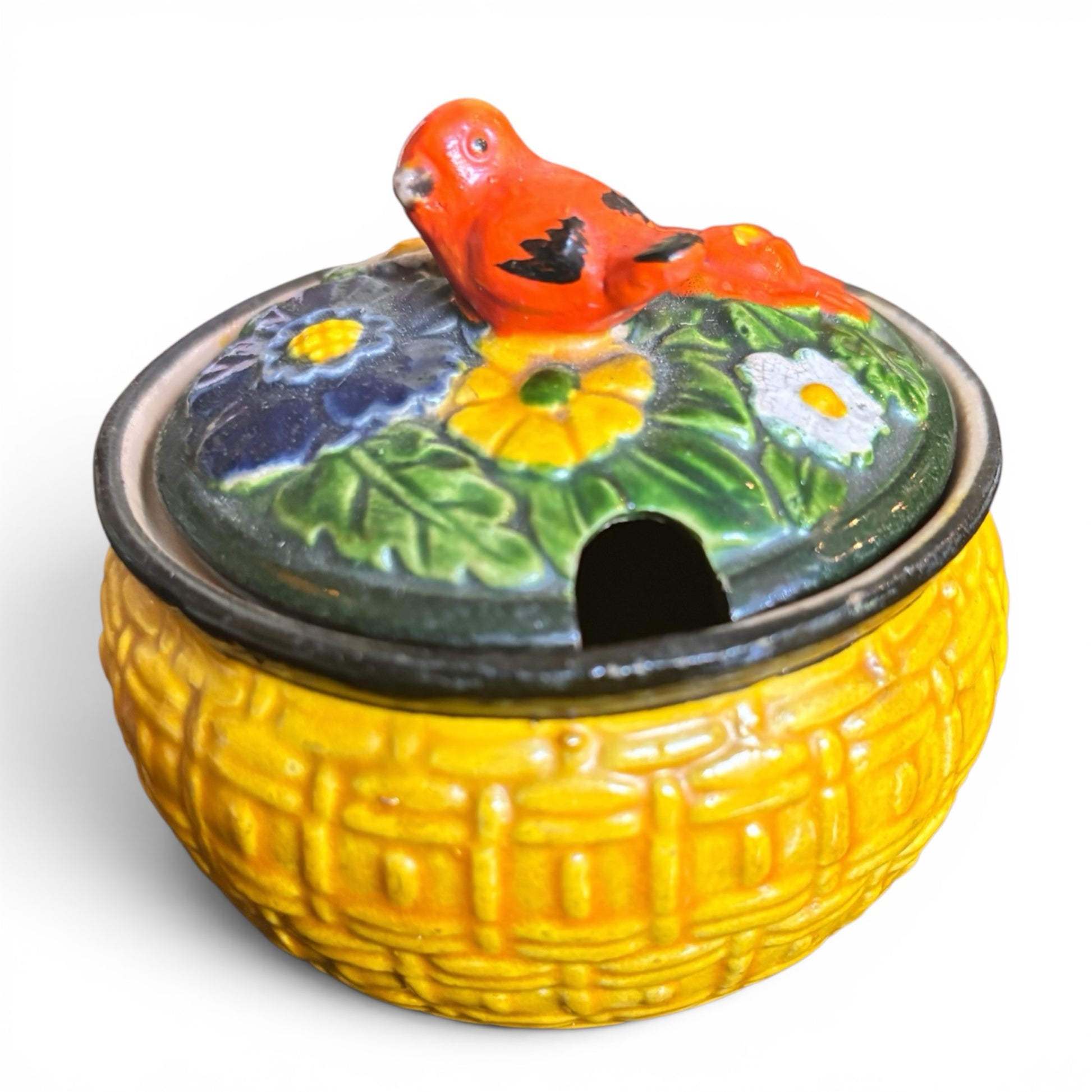 Otoch vintage Maruhon Ware yellow ceramic lidded bowl with a hand-painted floral lid and a decorative bird handle.