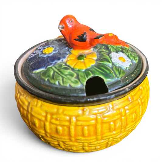 Otoch vintage Maruhon Ware yellow ceramic lidded bowl with a hand-painted floral lid and a decorative bird handle.