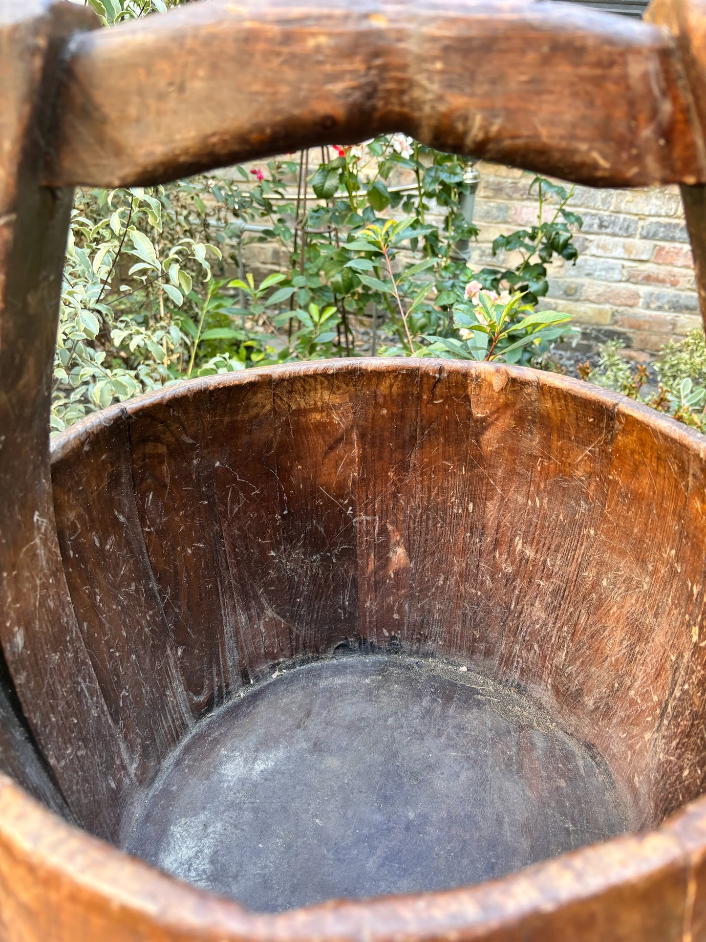 Otoch vintage handcrafted dark wood bucket with arched handle and weathered patina for rustic home decor