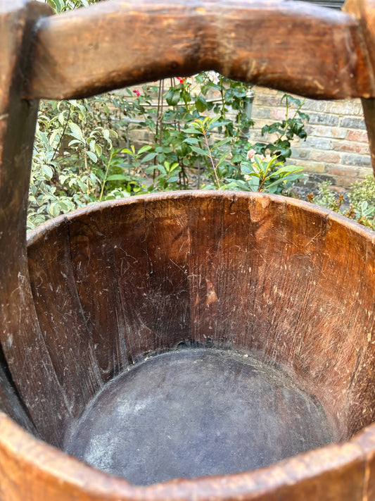 Otoch vintage handcrafted dark wood bucket with arched handle and weathered patina for rustic home decor