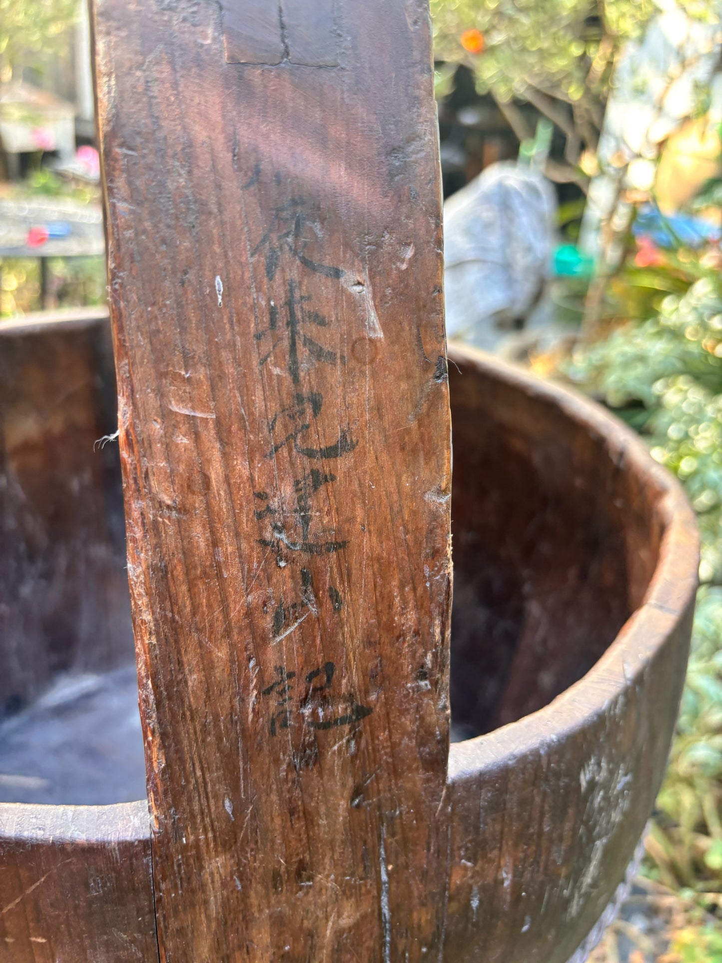 Otoch vintage handcrafted wooden bucket with dark weathered patina and hand-painted calligraphy on the arched handle